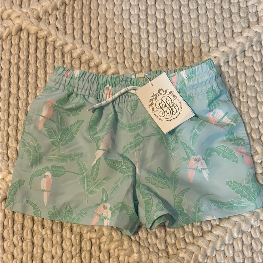 The Beaufort Bonnet Company Green and Pink Swim Trunks with Flamingo Print